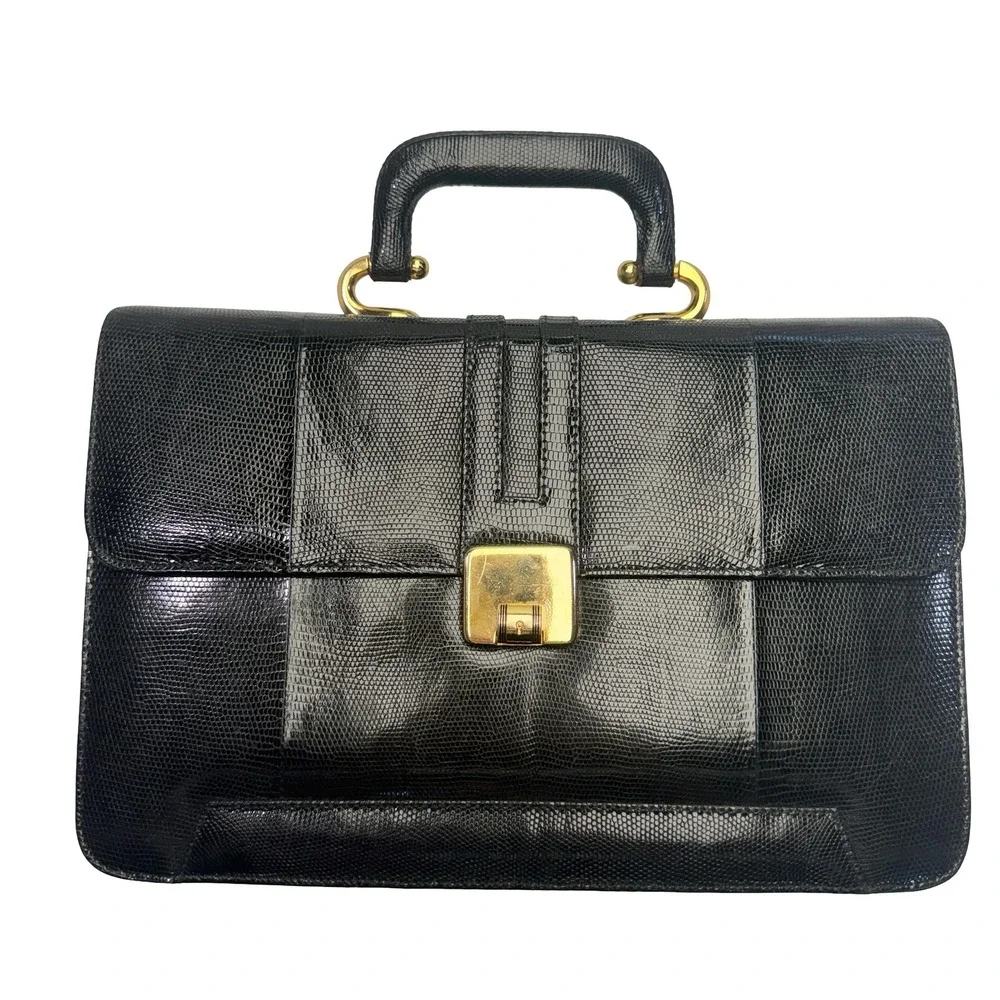 Vintage Black‎ Lizard Embossed Leather Top Handle Strap Purse Bag Gold Hardware